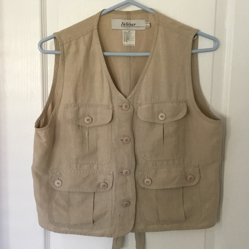 Vintage Silk/Linen Beige Utility Button-Front Vest